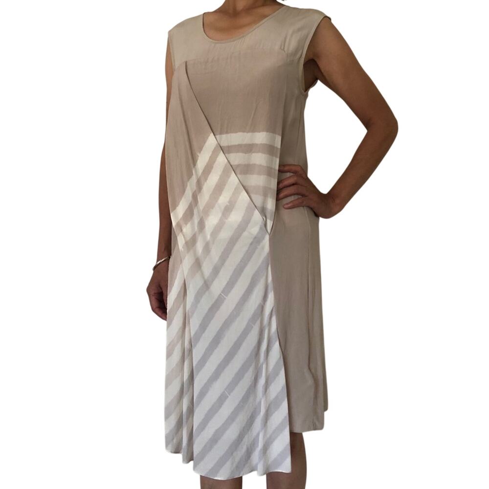 AllSaints Neutral Silk Drape Stripe Midi Dress Minimalist Quiet Luxury S